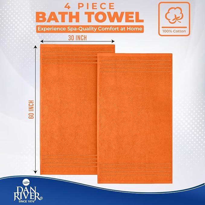 DAN RIVER Bath Towels Set of 4, 30 x 60 Inches, 100% Cotton, Larger & Lighter Weight, Quicker to Dry, Super Soft and Absorbent, Ideal Hotel Towels for Daily Use, Orange