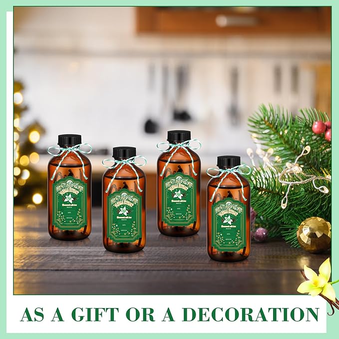 Uiifan 12 Pack Amber Glass Bottles Boston Round Sample Bottles Glass jars with Lids Dark Vanilla Extract and 12 Pcs Christmas Green Snowflakes Stickers for Gift Beans(4 oz)