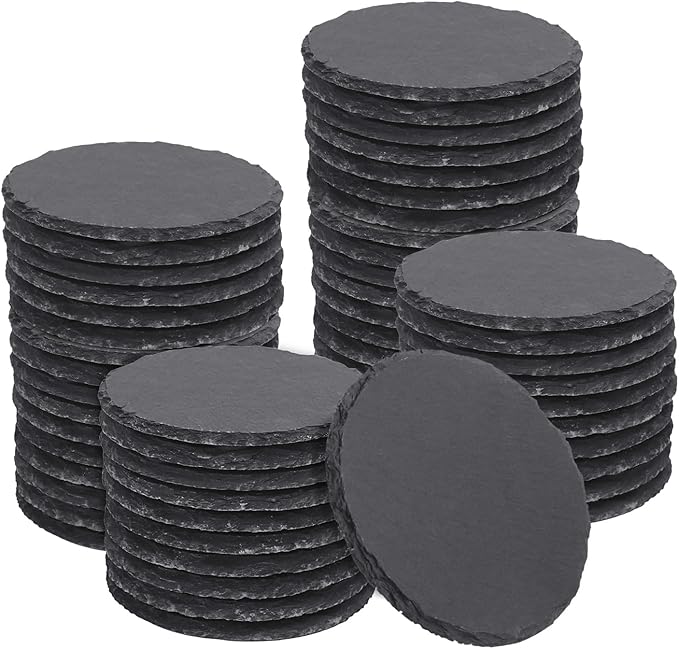 55 Pack 4 Inch Round Slate Coasters, Black Stone Coasters with Anti-Scratch Bottom, Ideal for Home Decor, Bar, Housewarming Gifts, and Laser Engraving KUKLIPJIM