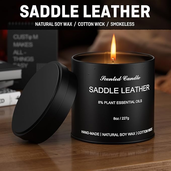 Men Scented Candle | Matte Tin Jar Aromatherapy Candle for Men | 1 Pack(8oz) Soy Wax Candles for Home,Office | Saddle Leather Fragrance Manly Gift for Boyfriend,Fathers Day and Christmas