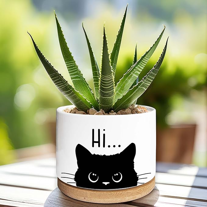 Kwtzkuo® Black Cat Ceramic Pot with Drainage Hole, Cat Planter Succulent Plant Flower Pot, Home Office Decoration for Plant Lovers Friends, Funny Cat Planter for Cat Lover