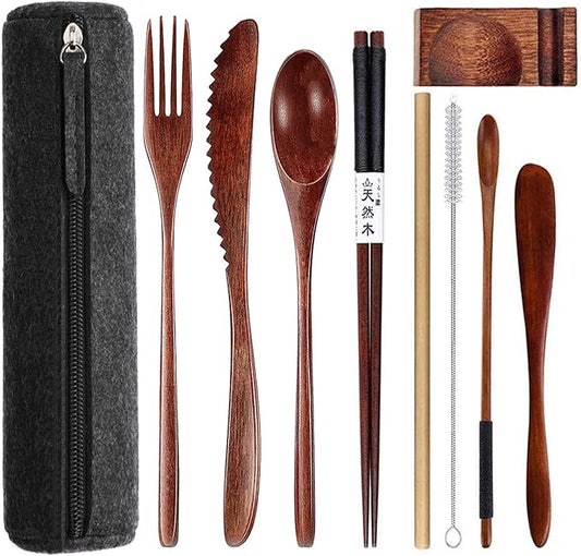 Wooden Utensils for Eating wooden cutlery set with Updated case Reusable 9 Pcs Travel Utensils Wooden Bamboo Fork and Spoon Set Wood Flatware Set for Eating with Knife Fork Spoon Chopsticks