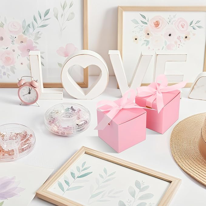 48 Pcs Christmas Gift Boxes with Ribbon Small Party Favor Boxes with Lids Mini Treat Candy Container for Wedding, Party, Birthday, Valentine's Day and More(Pink,6 Inch)