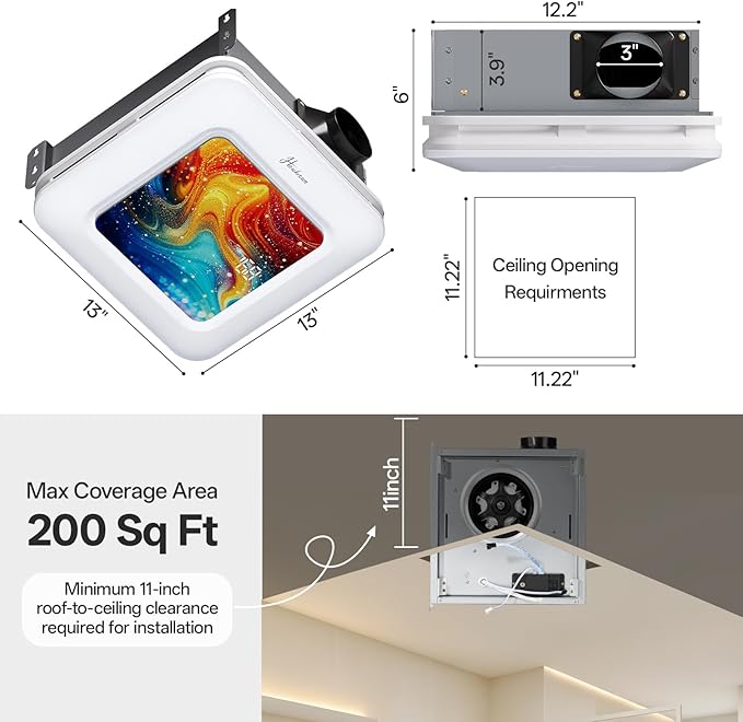 Bathroom Exhaust Fan with Light Humidity Sensor, Bathroom Fan with Humidity Sensor, 230 CFM 1.0 Sone Exhaust Fan, Venlitation Fan with 3CCT LED Light 7 LED Color, Remote Control Easy Install