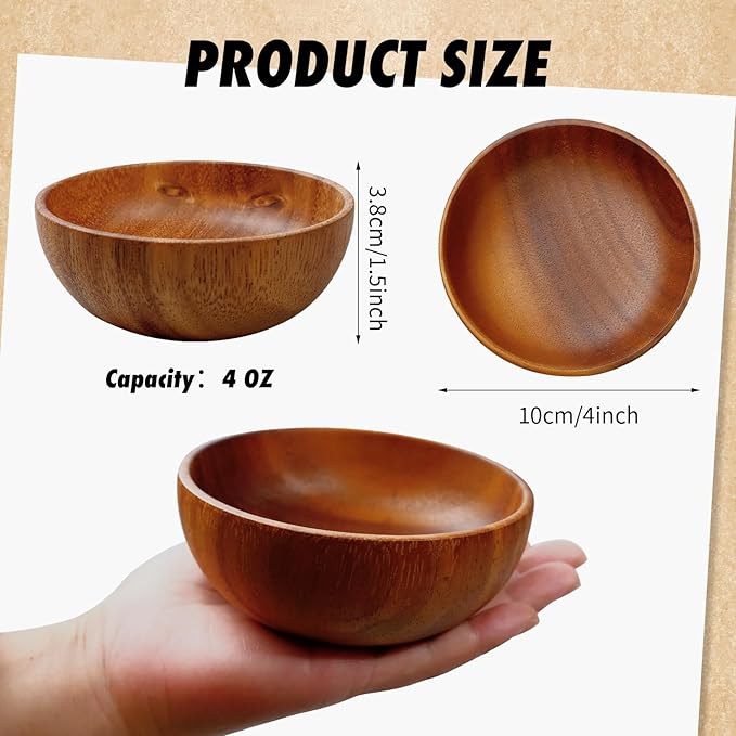 12 Pcs Acacia Wooden Bowls,Hand Carved Small Calabash Bowls, Round Wood Salad Dip Tray for Serving Popcorn, Pasta, Candy, Cereal, Coconut, Nuts, Sauce, Appetizers in Kitchen (4 Inch)