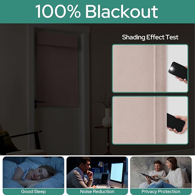 HOMEIDEAS 100% Linen Blackout French Door Curtains, Privacy Door Window Curtains, 26 X 40 Inch Room Darkening Blinds, Thermal Insulated Shades for Bedroom, 1 Panel, Blush Pink