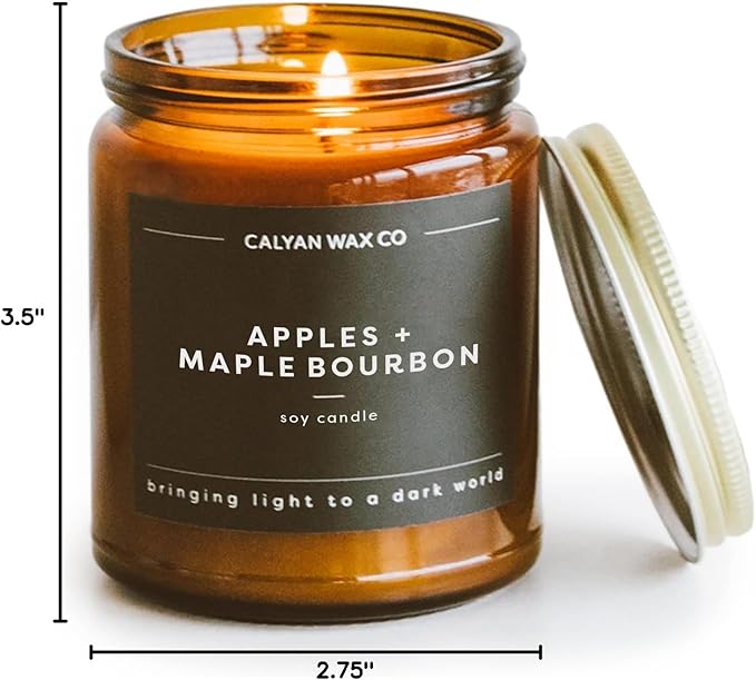 Calyan Wax Co. Apples & Maple Bourbon Scented Candle - 57 Hour Burn - Luxury Non Toxic Soy Wax Candles - Long Lasting Amber Glass Jar Candle for Home - 7.2oz