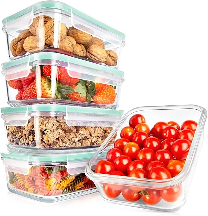 NutriChef 10-Piece Superior Glass Food Storage Containers Set (5 Containers + 5 Locking Lids),Stackable Meal-prep Design, BPA-free Airtight Clear Locking lids with Vent Lids & Air Hole, Green