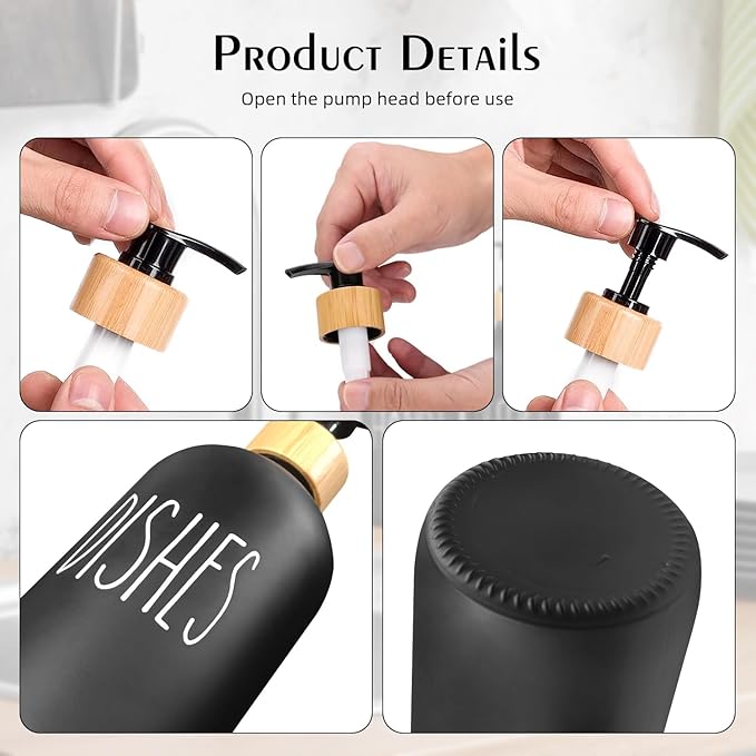 Arktek Glass Soap Dispenser Set with Tray, 2 Pack Hand and Dish Soap Dispenser Set for Bathroom and Kitchen Bottle Dispenser with Dish Soap, Hand Soap, Lotion 17 Oz (2 Black)