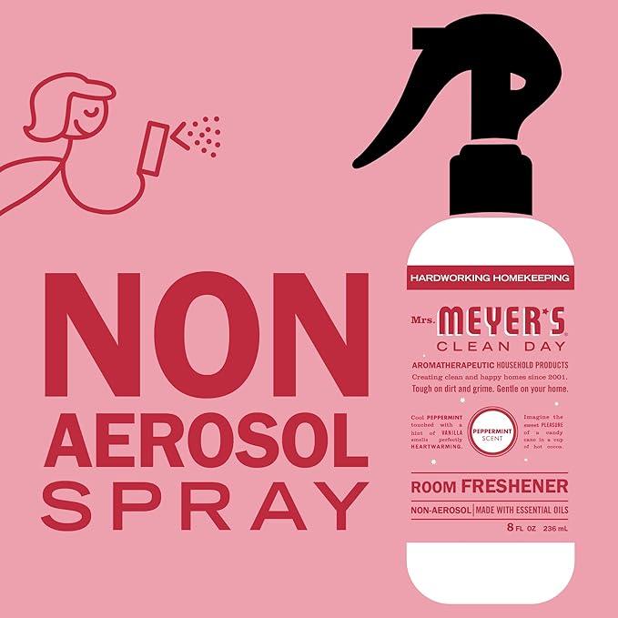 MRS. MEYER'S CLEAN DAY Room and Air Freshener Spray, Non-Aerosol Spray Bottle Infused with Essential Oils, Peppermint, 8 fl. oz