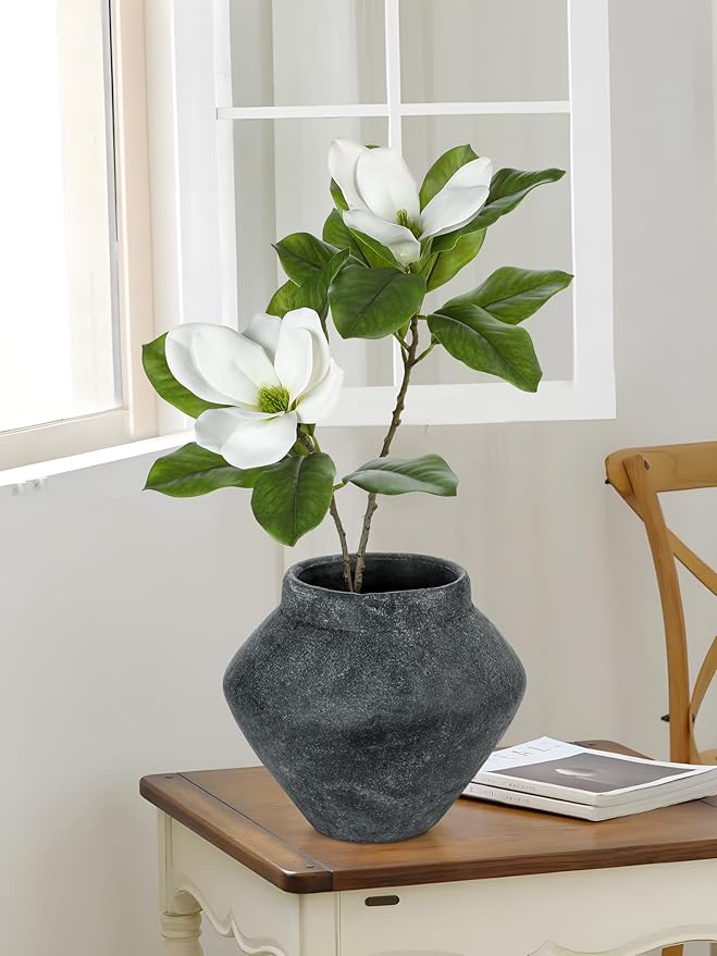 Briful Large Rustic Ceramic Vase with Distressed Finish, 8.2'' Tall Wide-Belly Decorative Flower Vases with Felt Pads, Retro Style Pottery for Home Decor, Table Centerpiece, Black