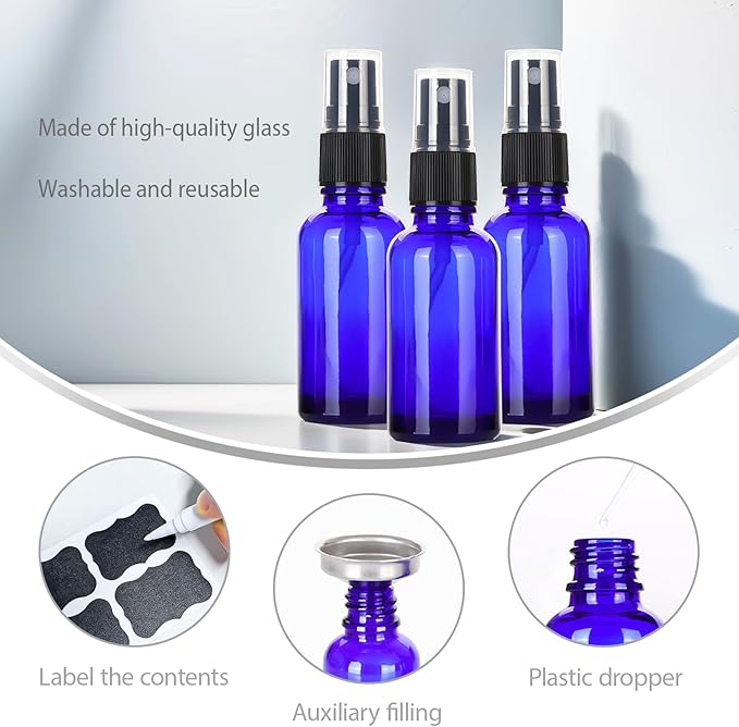 1 oz Glass Blue Spray Bottles,Small Empty Fine Mist Refillable Travel Spray Bottle for Cleaning,Perfume,Aromatherapy,Cosmetic Sprays,Hair,Essential Oils with Fine Mist Dispenser（6 Pack）