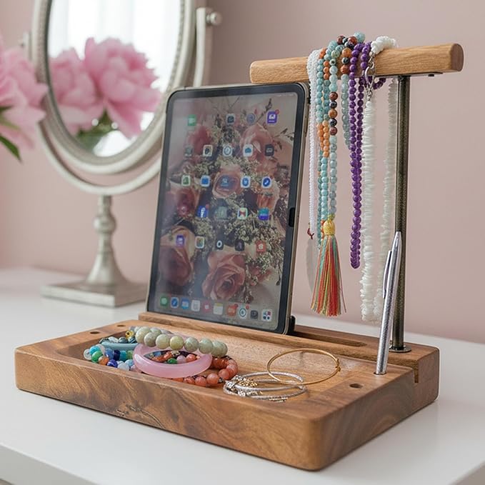 Solid Acacia Wood Multiple Headphone Stand – Multi-Device Holder for iPad, iPhone, Tablets & Phones, Desk Organizer with Tray, Pen & Pencil Holder, 1.5" Thick Base, Wooden Tech Dock