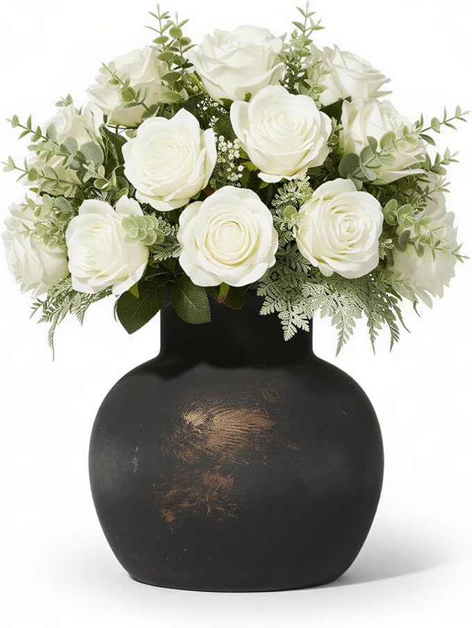 Ceramic Flower Vase, 5.5-Inch Black Pottery Rustic Farmhouse Boho Vase, Handcrafted Decorative Vase for Home Decor, Centerpieces, Table, Living Room, Mantel, Shelf