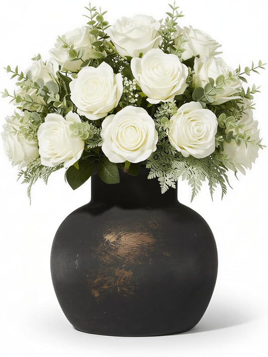 Ceramic Flower Vase, 5.5-Inch Black Pottery Rustic Farmhouse Boho Vase, Handcrafted Decorative Vase for Home Decor, Centerpieces, Table, Living Room, Mantel, Shelf