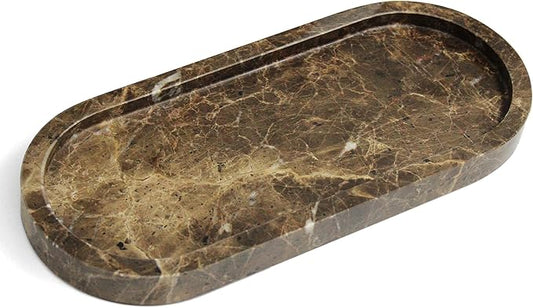 100% Real Natural Marble Tray for Bathroom, Luxury Dark Brown Stone Vanity Tray, Decorative Oval Trays for Countertop Storage Organizer, Vanity Dresser Kitchen Home Decor, 10.2" x 4.3", Brown