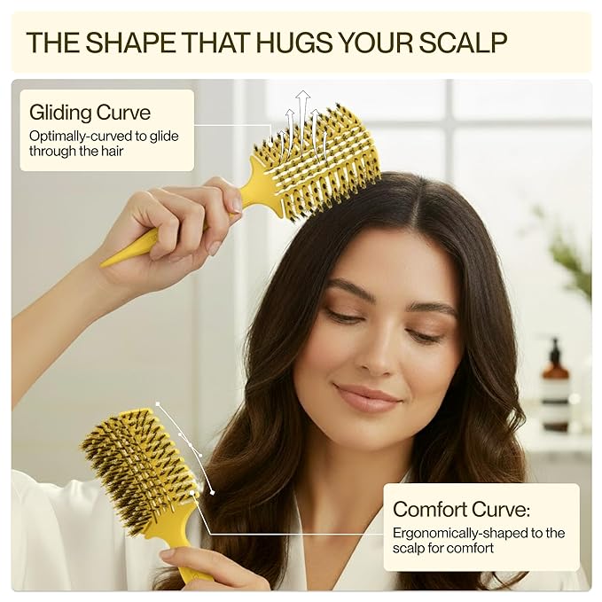 COCCO Aura Vent Boar Brush | Vented Dual-Curved Design for Faster Drying, Effortless Detangling & Shine, Boar + Nylon Bristles, Ergonomic Comfort Handle for Wet & Dry Hair Styling - Yellow