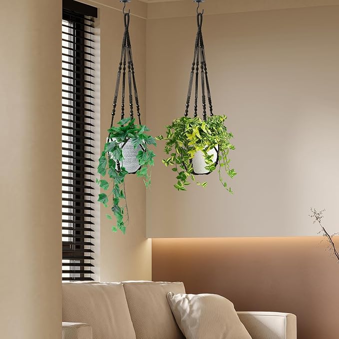 Macrame Plant Hanger Indoor Set of 4 with 8 Hooks, Indoor Outdoor Hanging Planter for Plants Holder with Decorative Wood Beads & No Tassels, Boho Home Decor, 35 Inch Black (Pots Not Included)