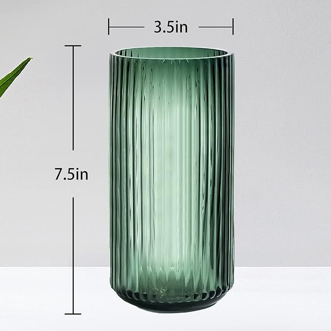 Muyan 7.5" Flower Vase for Decor Ribbed Glass Vase Modern for Centerpieces Desktop Home Office Dining Living Room Wedding (Green)