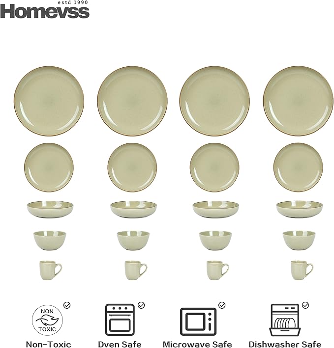 HomeVSS 20-Piece Dinnerware Set - Serves 4, Shiny Glaze Beige plates and bowls sets with Speckle Effect for Microwave & Dishwasher Safe