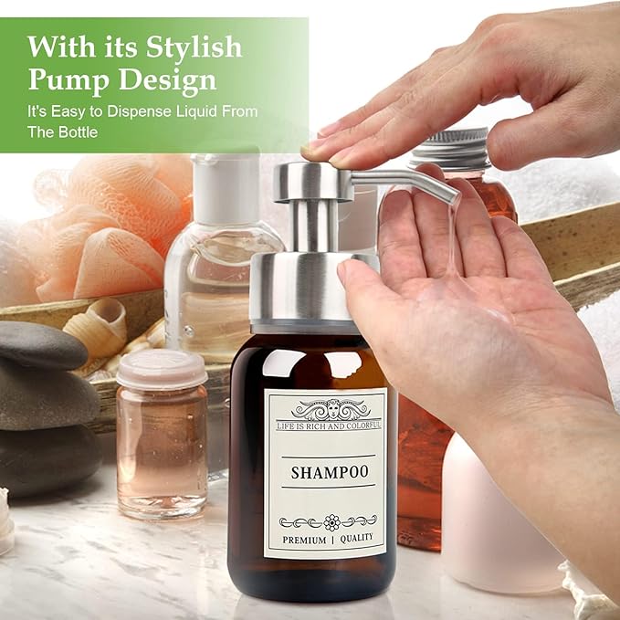 Hand Soap Dispenser,8.5 Oz Wall Mounted Shampoo and Conditioner Dispenser and Stainless Steel Bracket for with Waterproof Labels and Leakproof Pump(Silver Mount)