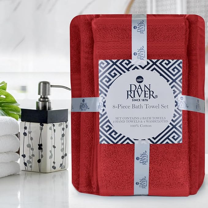 DAN RIVER 8 PC Luxury Bath Towels for Bathroom, 2 Bath, 2 Hand, and 4 Wash Cloths, 600 GSM 100% Ring Spun Cotton Towel Set, Highly Absorbent, Gym, Hotel, and Spa, Red