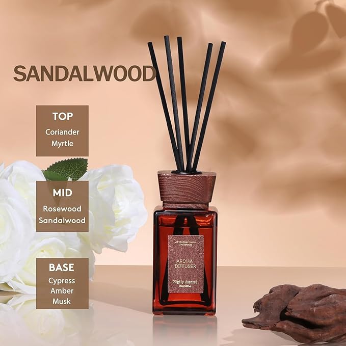Reed Diffuser Set, 5.2 fl oz Sandalwood Reed Diffuser with Sticks, Reed Diffusers for Home Bedroom Apartment Bathroom Decor, Scented Diffuser Gift for Home Fragrance