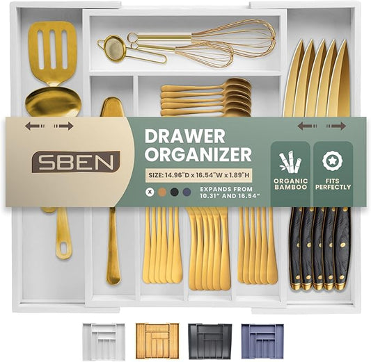 Sben Expandable Drawer Organizer for Utensils Holder, Adjustable Cutlery Tray, 6-8 Slots, Premium Wood Drawer Dividers Organizer for Silverware, Flatware, Knives for Kitchen (White)