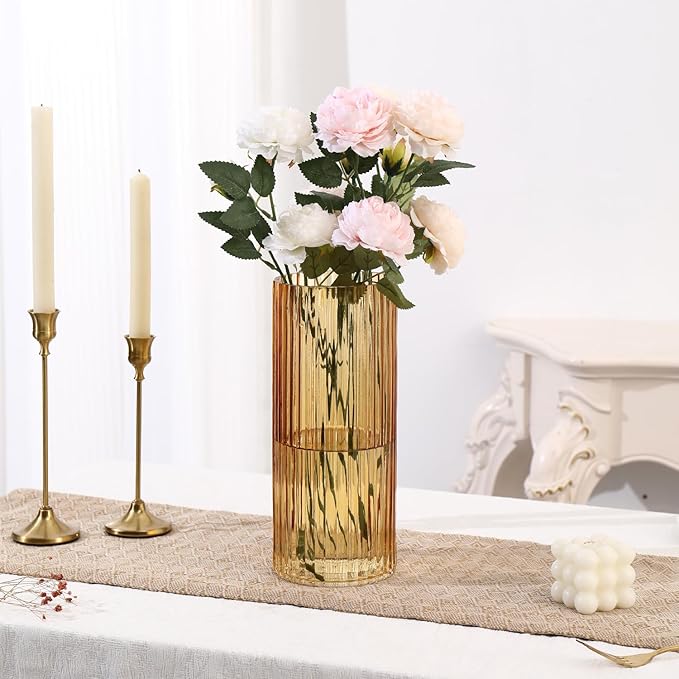 Amber Glass Vase for Flowers, Ribbed Glass Vases, Tall Glass Vases for Tulips, Modern Glass Vase for Living Room, Dining Table, Office, Wedding, Bookshelf, 12 Inches