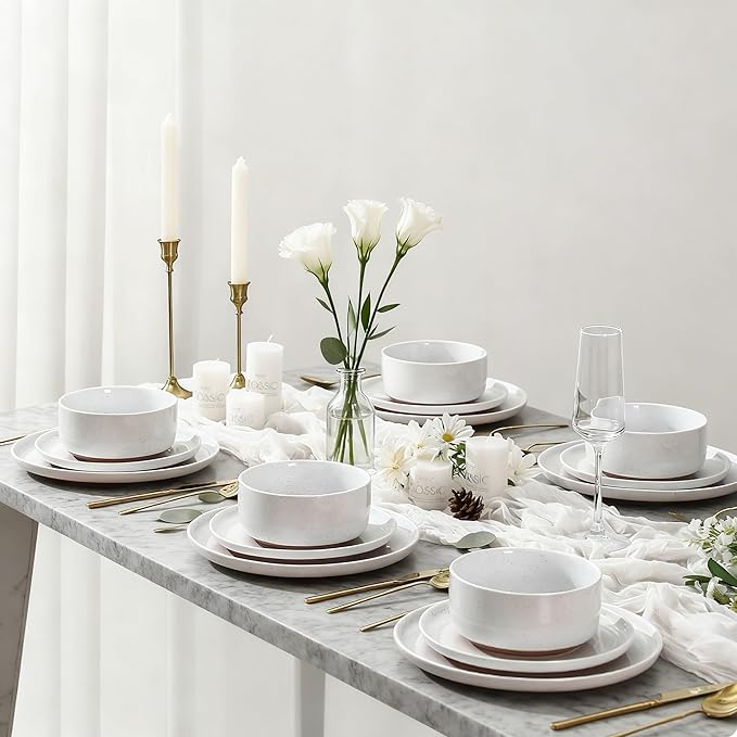 GZG Modern Art Series - 24 Pcs Speckled Stoneware Plates and Bowls Sets, Ceramic Dinnerware Set with Rustic Terracotta Underside, Microwave and Dishwasher Safe Handcrafted Dishes Set - Porcelain White