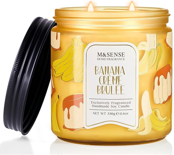 M&SENSE Banana Crème Brûlée Scented Candle, 11.6oz Natural Soy Wax, 70 Hours Long Lasting Clean Burn, Holiday Jar Candle for Home Decor, Non-Toxic Relaxing Aromatherapy Gifts for Women