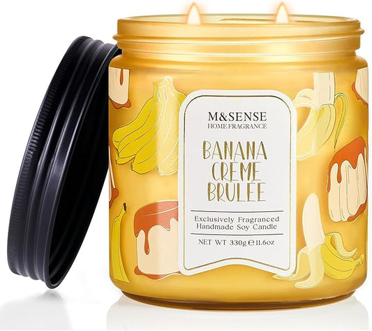 M&SENSE Banana Crème Brûlée Scented Candle, 11.6oz Natural Soy Wax, 70 Hours Long Lasting Clean Burn, Holiday Jar Candle for Home Decor, Non-Toxic Relaxing Aromatherapy Gifts for Women
