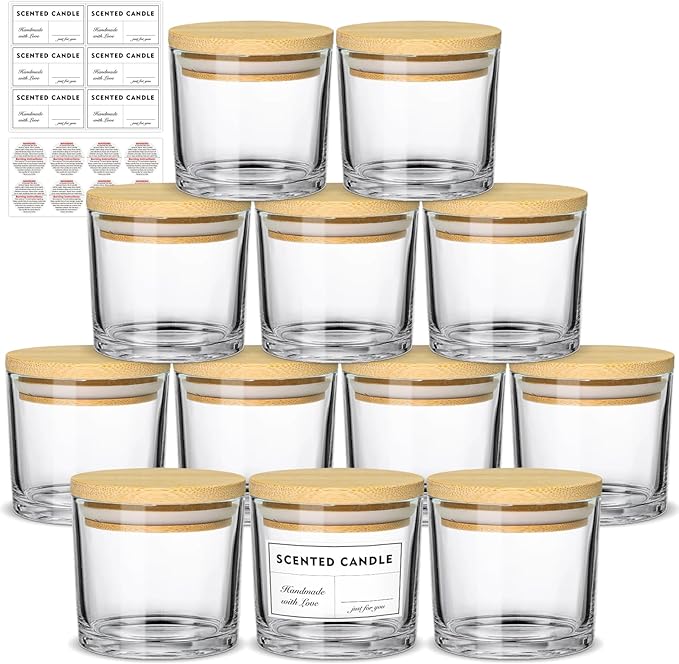 4oz Candle Jars 12 Pack- Small Clear Empty Glass Candle Jars with Bamboo Lids, Stickers and labels, Bulk Candle Vessel for Making Candles Containers, Ideal for Candle Business Owners