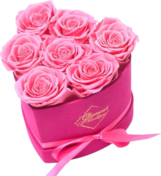 GLAMOUR BOUTIQUE 7 Flower Forever Heart Shape Box - Preserved Roses Gift for Her, Preserved Flowers, Velvet Pink