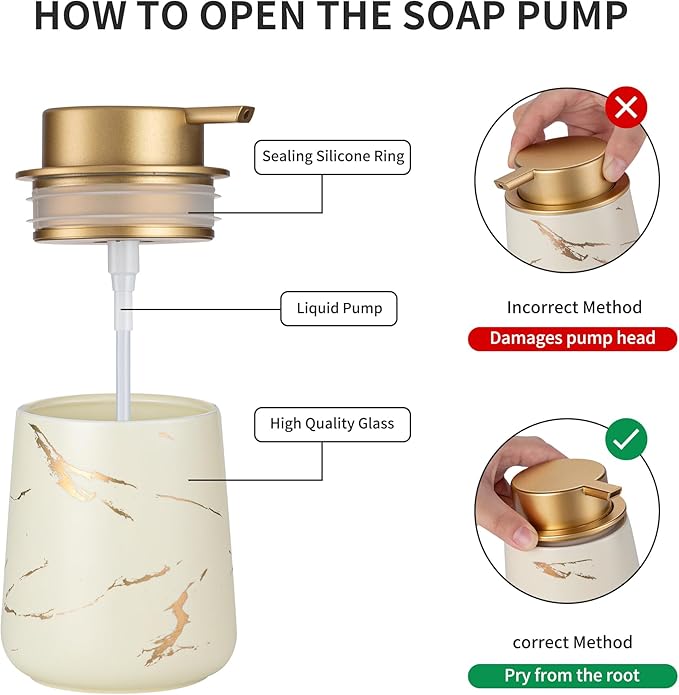 Enra Ceramic Gold Soap Dispenser, 12 oz Modern Liquid Hand Soap Dispenser for Bathroom Kitchen with Easy-to-Press(Glod Liquid Type-Beige)