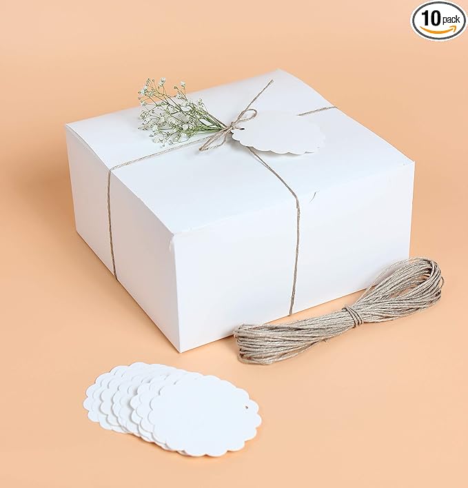 White Gift Boxes (Pack of 10) Size 8x8x4 Inches, Thick Paper Boxes with Lids, Tags & Jute Rope for Bridesmaid Proposals, Wedding Presents, Birthday Party Favor, Baby Shower and Christmas