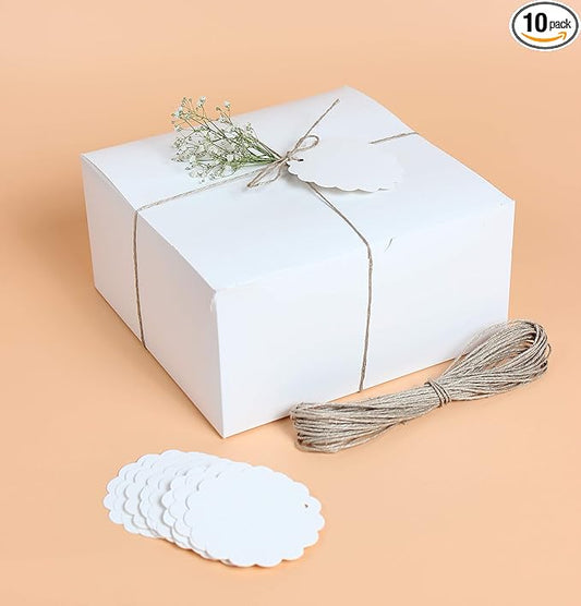 White Gift Boxes (Pack of 10) Size 8x8x4 Inches, Thick Paper Boxes with Lids, Tags & Jute Rope for Bridesmaid Proposals, Wedding Presents, Birthday Party Favor, Baby Shower and Christmas