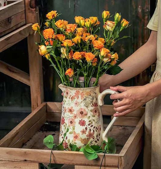 Retro Rustic Large Ceramic Vase with Handle, Distressed Farmhouse Pitcher for Home, Ideal Shelf Decor, Colorful Daisy Floral Vase for Living Room Bedroom Office Table Centerpiece Decorations 9 Inch