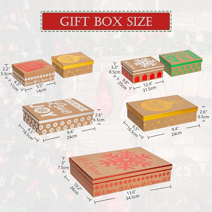 Hollyone 7 Pack Kraft Christmas Gift Boxes with Lids in Assorted Designs Christmas Gift Wrap Boxes Different Sizes Xmas Gift Boxes Shirt Box for Wrapping Xmas Holiday
