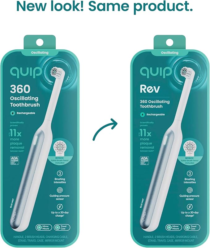 Quip Rev Oscillating Rechargeable Electric Toothbrush with Extra Brush Head - Soft Bristles, Pressure Sensor, 3 Intensities, 30-Day Battery Life, 2-Min Timer, Travel Case, Mirror Mount - Blue Mist