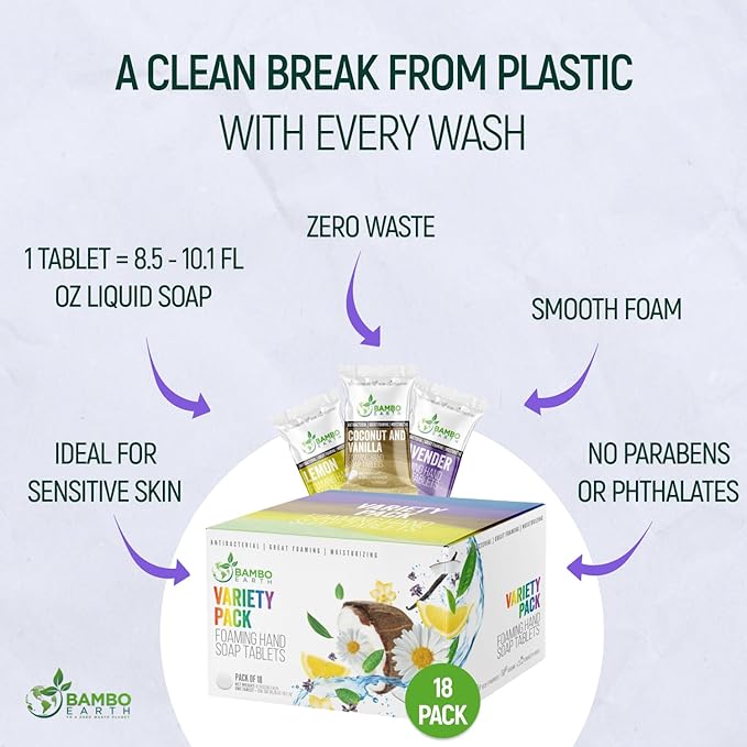 18 Pack Natural Foaming Hand Soap Tablets - Soft Moisturizing Handwash Tab Refills - 1 Tablet = 9 Oz Liquid Wash Foam Handsoap - Eco-Friendly Softsoap Refill Tabs (18 Variety Pack)