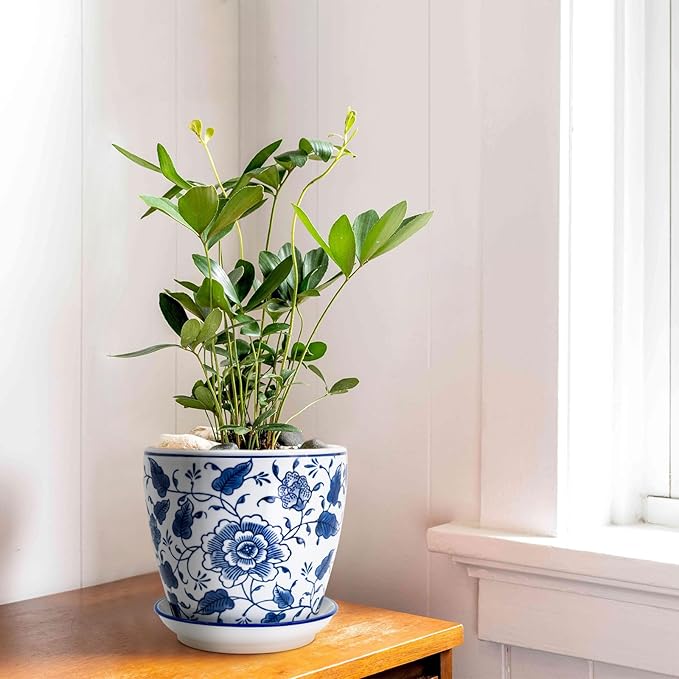 8 inch Ceramic Planters for Indoor Plants, Chinoiserie Decor Ceramic Pots for Plants Flower Plant Pots Indoor with Drainage and Saucer, Blue and White