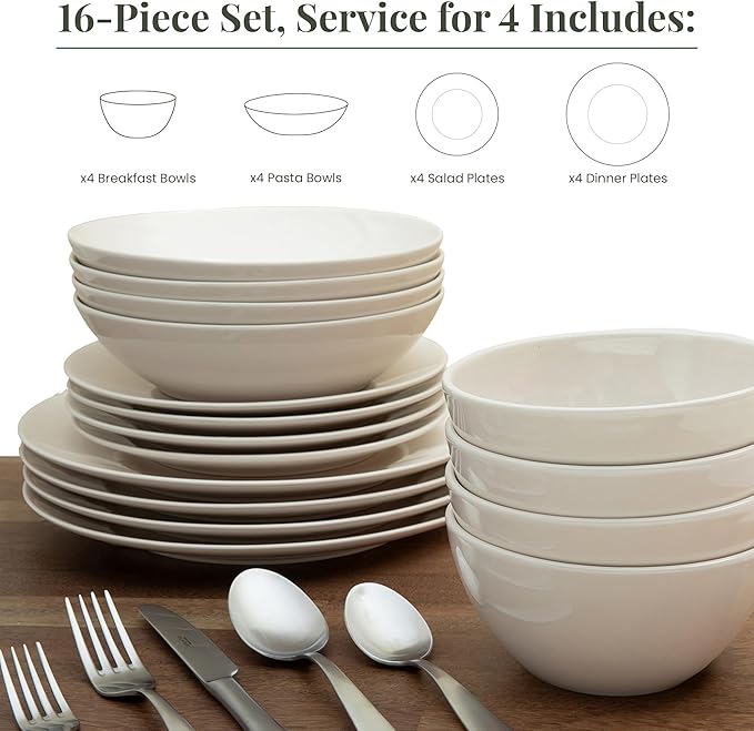 Larder & Vine Ceramic Stoneware Dinnerware 16-Piece Set, 4 Place Settings (White)