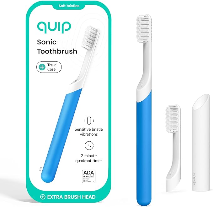 Quip Sonic Toothbrush for Adults with Timer - Includes Extra Brush Head and Travel Cover Mount - Electric, Soft Bristle Refill Head, Plastic Handle, 3 Month Battery Life - Travel Toothbrush - Blue