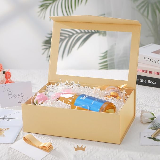 PACKQUEEN 5 Large Kraft Gift Boxes with Windows, 13.5x9x4.1 Inches Clear Gift Boxes for Presents Contain Ribbons, Cards, Groomsmen Proposal Boxes, Boxes with Magnetic Lids