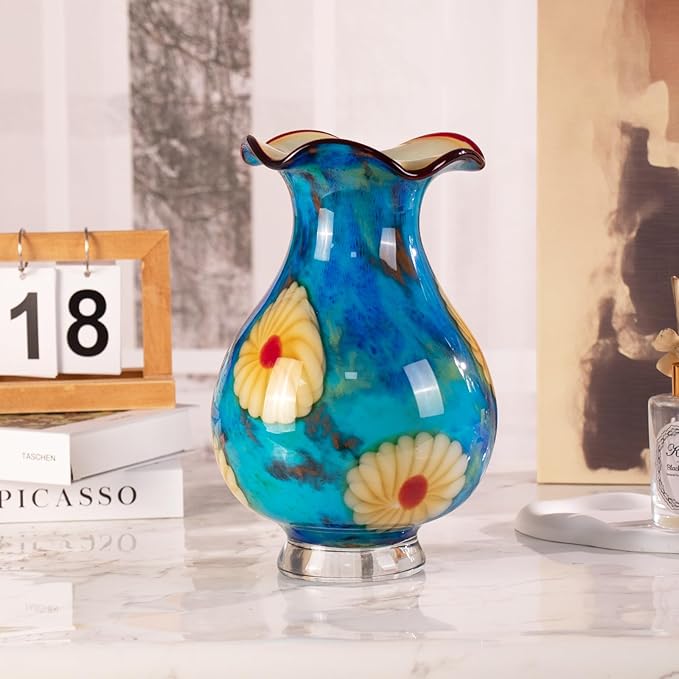 KAMMAK Colored Glass Vase, Beautiful Hand Blown Decorative Vase, Modern Art Vase for Flower Mantle Dining Table Centerpiece, Entryway Living Room Wedding Decoration, FH026
