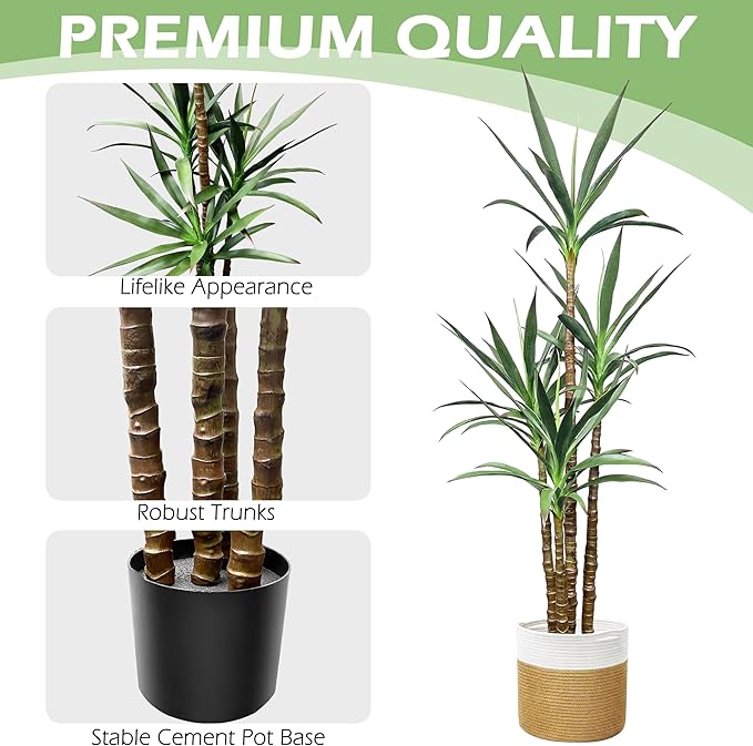 Artificial Trees 6Ft Faux Tree 4 Heads Agave Plant, Tall Fake Plant with Plastic Pot for Home Decor, Office Decor
