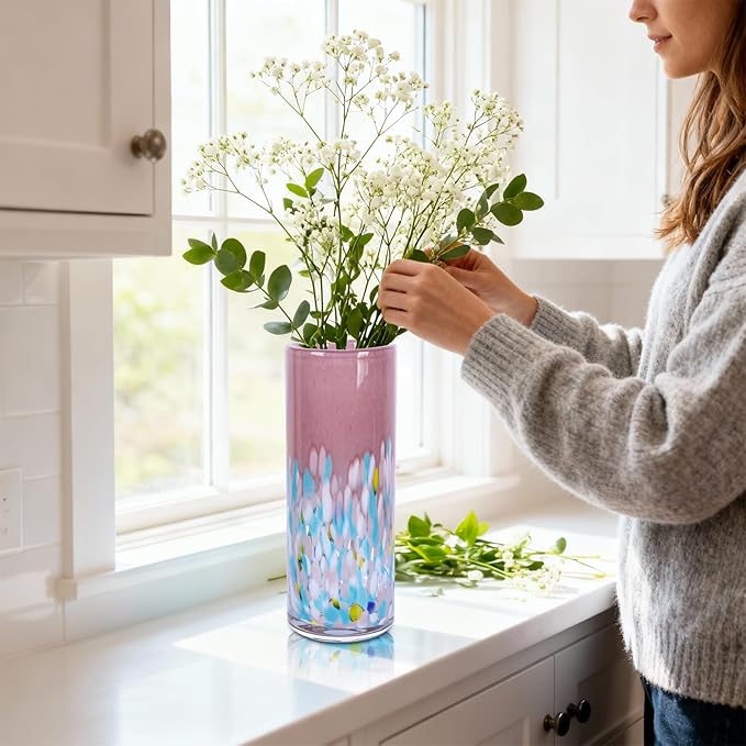 9.45" Tall Pink Vase Hand Blown Glass Vase Green, Modern Pink Home Centerpieces Wide Mouth Vases for Bud&Flower Decor - Ideal Living Room, Kitchen, Wedding, Dining Table, Office Center Table