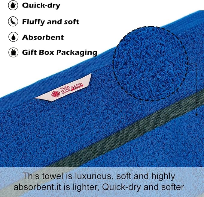 CASA COPENHAGEN Exotic 6 Pieces Towel Set- Electric Blue, 525 GSM 2 Bath Towel 2 Hand Towel 2 Washcloth, Designed in Denmark Made of Soft Egyptian Cotton for Bathroom, Kitchen & Shower