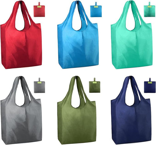 BeeGreen Colorful Reusable Grocery Bags 6 Pack, Heavy Duty Totes for Women, Foldable Grocery Bag Large Shopping Totes with Handles for Work, Travel, Gift, Store, Polyester Washable Reusable Tote Bag